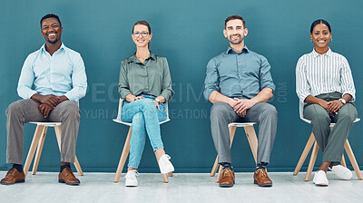 Buy stock photo Business people, chairs and row waiting for interview, meeting or opportunity sitting together at the office. Happy diverse group in wait room for line, hiring or recruitment process at the workplace