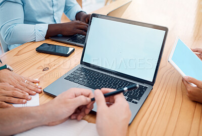 Buy stock photo Mockup space, laptop and screen with business people in a meeting for marketing and advertising. Working, team planning and work web research with workers with analytics, innovation and teamwork  