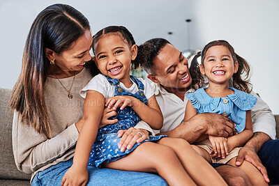 Buy stock photo Love, family and happy kids relax and play with parents on sofa, laughing, cheerful and having fun. Happy family, girls and loving mother and father enjoy quality time with smiling children at home