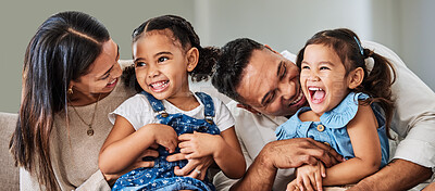 Buy stock photo Love, care and parents with happy family of children laughing together at home in Puerto Rico. Mama, father and daughter siblings bonding in house with cheerful affection and excited smile.

