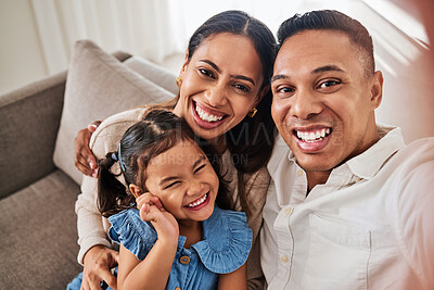 Buy stock photo Happy, family and portrait smile for selfie relaxing in quality bonding time together on living room sofa at home. Mother, father and child smiling in joyful happiness for photo fun, love and care