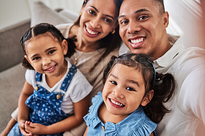 Buy stock photo Smile, selfie and portrait of a happy family that love enjoy quality time, relaxing and bonding together in a house. Mother, father and girl children siblings smiling for pictures at home in Lisbon