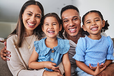 Buy stock photo Family, love and happy home with mother, father and children bonding on living room sofa with smile, care and happiness. Portrait of girl siblings or kids with man and woman in brazil house to relax