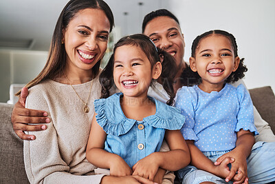 Buy stock photo Mother, father and kids with smile for family bonding time relaxing at home on living room sofa. Portrait of happy mom, dad and children smiling in happiness for love, care and joy together on couch