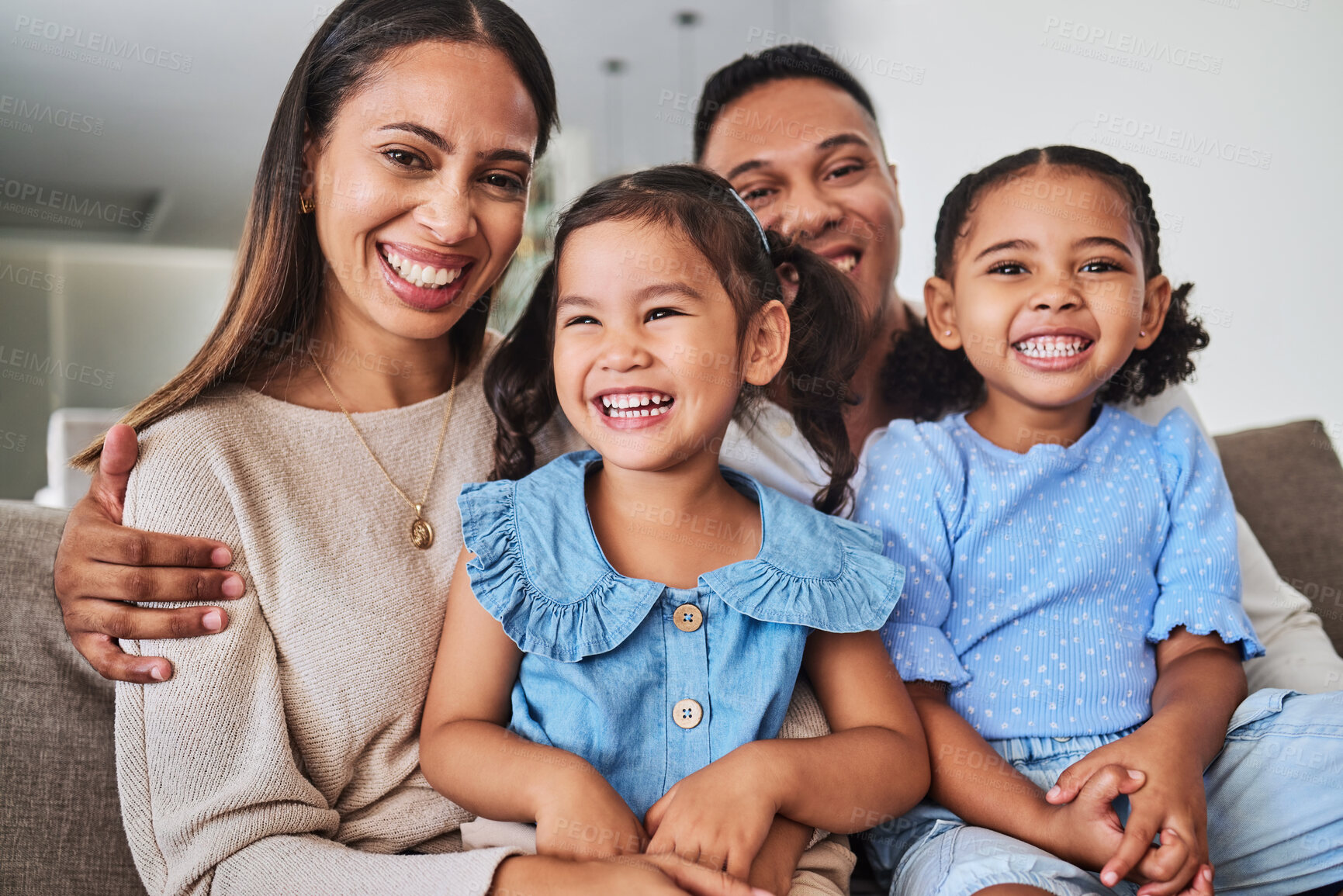 Buy stock photo Mother, father and kids with smile for family bonding time relaxing at home on living room sofa. Portrait of happy mom, dad and children smiling in happiness for love, care and joy together on couch