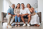 Happy family, love and home with support senior parent and adult children together on sofa in living room with mother, father and young couple. Portrait of men and women in brazil house to relax