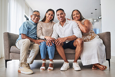 Buy stock photo Happy family, love and home with support senior parent and adult children together on sofa in living room with mother, father and young couple. Portrait of men and women in brazil house to relax