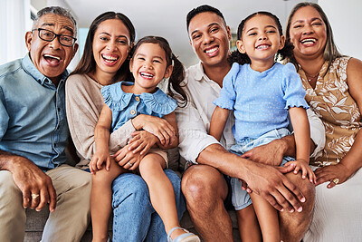 Buy stock photo Happy, big family and portrait smile for relationship happiness in quality bonding time together at home. Parents, grandparents and kids smiling for relaxing holiday break or free time at the house
