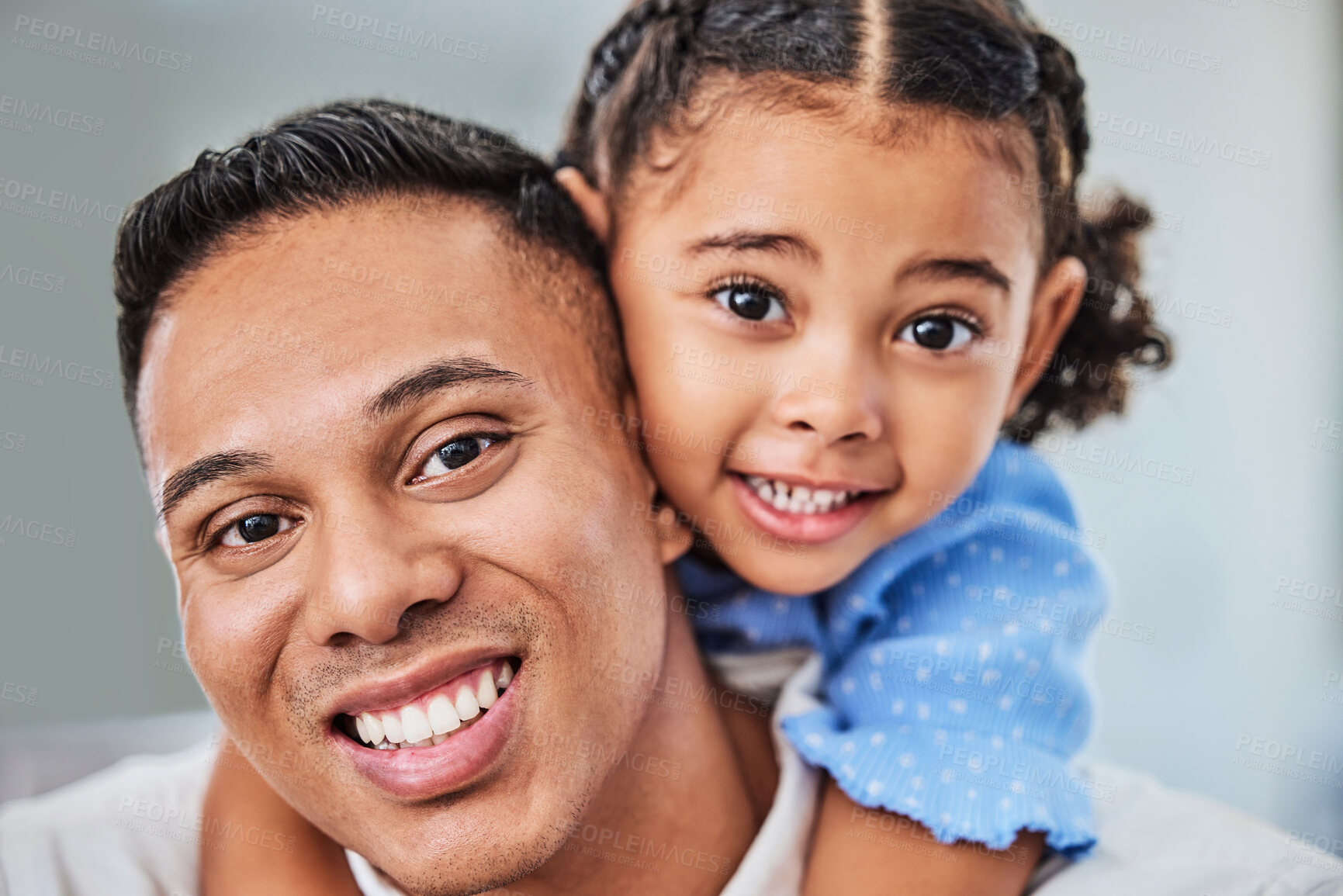 Buy stock photo Family, girl and father in portrait with child having fun, hugging and bonding with dad at home on a weekend. Smile, Guadalajara and man smiling with a young kid or baby enjoys quality time in Mexico