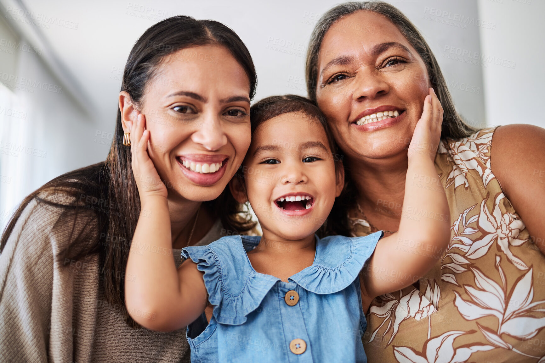 Buy stock photo Mom, grandmother and girl in portrait with smile, love or happiness while together, home or bonding. Child, mother and grandma in house, holiday or vacation with happy, face and family in living room