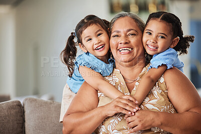 Buy stock photo Relax, smile and grandma with children on sofa for family, happy and love together. Retirement, hug and wellness with portrait of old woman and kids in living room for lifestyle, mothers day and care