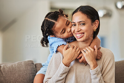 Buy stock photo Black woman, smile and girl kiss cheek on sofa with love, bonding and happiness in home living room. Happy, mom and daughter care, together and portrait on mothers day in house for hug on couch