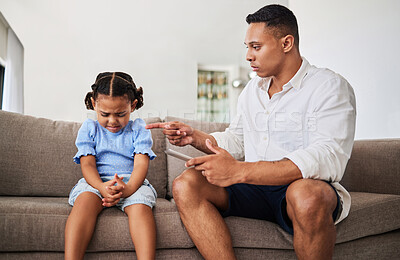 Buy stock photo Angry, father with tablet and kid conflict, upset and serious scolding, no screen time with sad child and frustrated parent pointing. Family stress, bad behavior and distress, guilt and annoyed. 

 