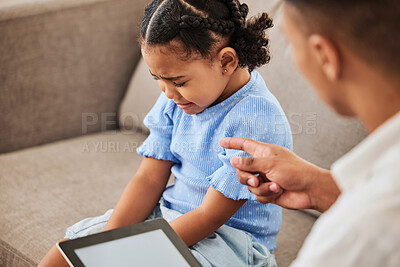Buy stock photo Stress, sad and crying girl on sofa with angry, frustrated and annoyed father, conflict, argue and guilt. Children behaviour and parent pointing at unhappy kid, distress, upset and living room fight