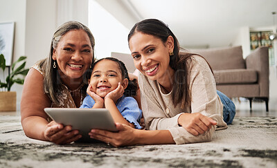 Buy stock photo Women, kid tablet and family home of black mother, girl and grandmother happy with online education. Digital, internet kids video streaming and technology games of a children app with a smile