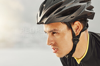 Buy stock photo Fitness, man and head of cycling helmet for sports motivation in exercise, workout and training on mockup background. Closeup of tired male sweating from intense cycle tour in healthy cardio sport 