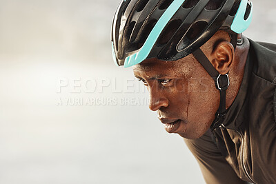 Buy stock photo Cyclist man, sweating and focus for marathon race, competition or sports event on sky mock up for advertising space or marketing. Cycling sports person in helmet tired for  training fitness challenge