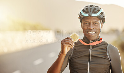 Buy stock photo Cycling, marathon winner and gold medal by happy man holding, showing and celebrate success in road. Win, celebration and portrait of cyclist excited about fitness, health and endurance competition