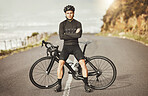 Man, cycling and mountain bike with arms crossed for sports exercise, training and fitness in nature. Portrait of a confident male professional cyclist standing by a bike for cycle tour outdoors