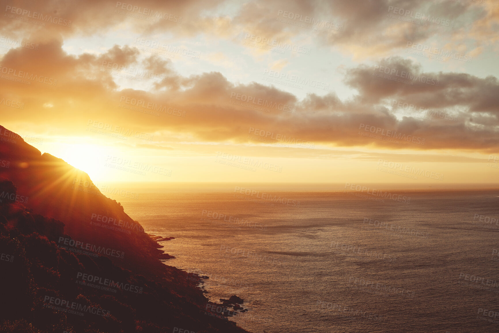 Buy stock photo Sunset, sea and clouds with a view of the beautiful ocean or horizon during summer outdoor. Water, nature and sunrise with a picturesque scene of the earth, mountain or cloudy skin outside in the day