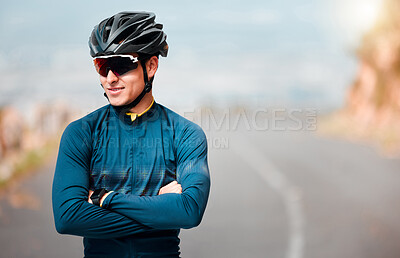 Buy stock photo Cycling, cyclist or sports man, arms crossed and ready to cycle, ride or exercise on road. Health, wellness and happy male athlete from Canada preparing for workout, fitness or training outdoors.