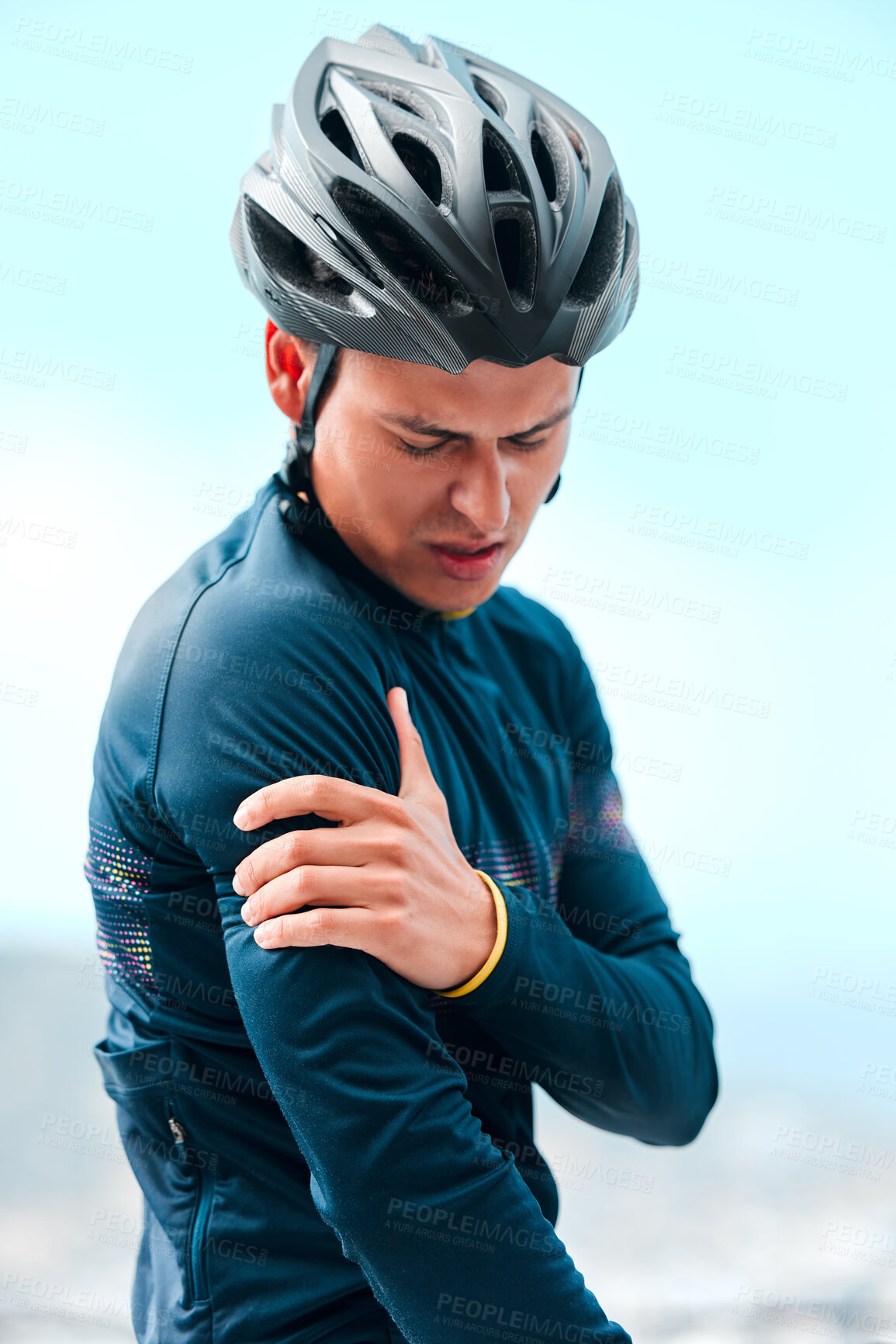 Buy stock photo Sport, injury and arm pain with man cyclist during exercise routine outdoors, fitness, hurt and discomfort. Health, inflammation and sports injury by athletic guy holding shoulder pain after cycling 