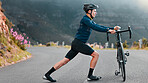 Man, bicycle and fitness stretching before cycling on road outdoor with training for race or competition. Sport athlete workout, cardio and exercise body for health, wellness and start bike ride 