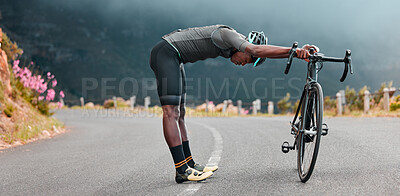 Buy stock photo Sports man, stretch and cycling break along mountain route by cyclist resting during fitness, exercise and morning cardio. Stretching, bicycle and black man stop for rest during physical performance