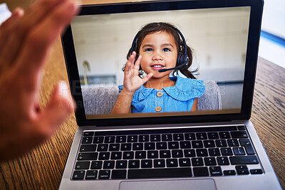 Buy stock photo Girl, laptop and education with a child student on a video call for learning, growth or development while e-learning. 