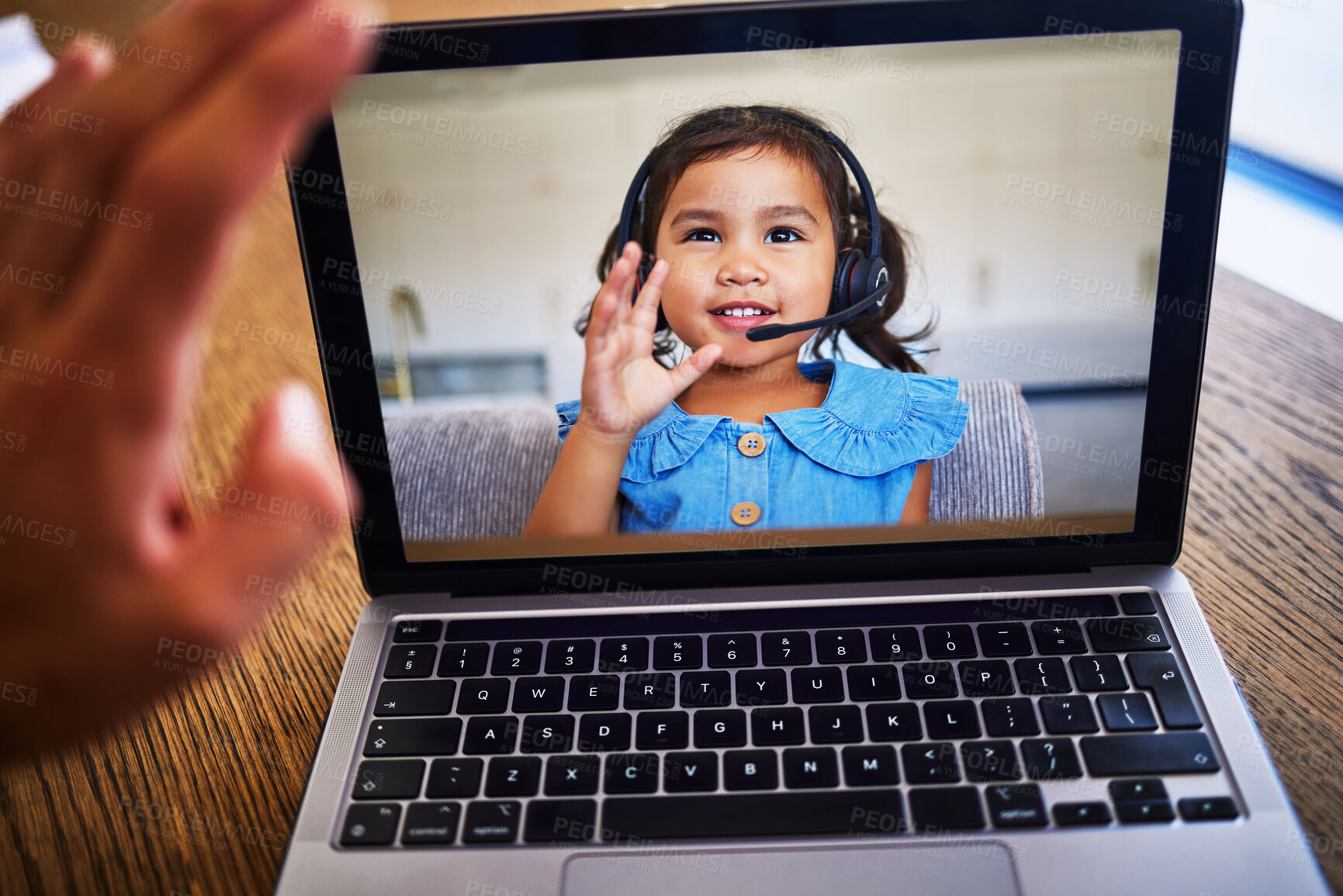 Buy stock photo Girl, laptop and education with a child student on a video call for learning, growth or development while e-learning. 
