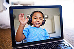 Video call, laptop and communication with girl with headphone online. Happy child, wave and smile on screen of video conference or webinar in Brazil with tech, internet and remote elearning for kids