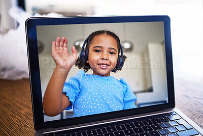 Buy stock photo Video call, laptop and communication with girl with headphone online. Happy child, wave and smile on screen of video conference or webinar in Brazil with tech, internet and remote elearning for kids