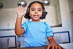 Elearning, headset and girl child doing an online class waving to greet on an internet video call. Happy, communication and portrait of a kid with distance learning for education with headphones.