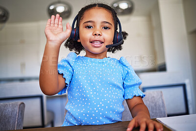 Buy stock photo Elearning, headset and girl child doing an online class waving to greet on an internet video call. Happy, communication and portrait of a kid with distance learning for education with headphones.