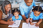 Children, education and homework with a girl, sister and grandparents learning or studying at home for growth and development. Family, help and care with a senior man and woman helping the grandkids