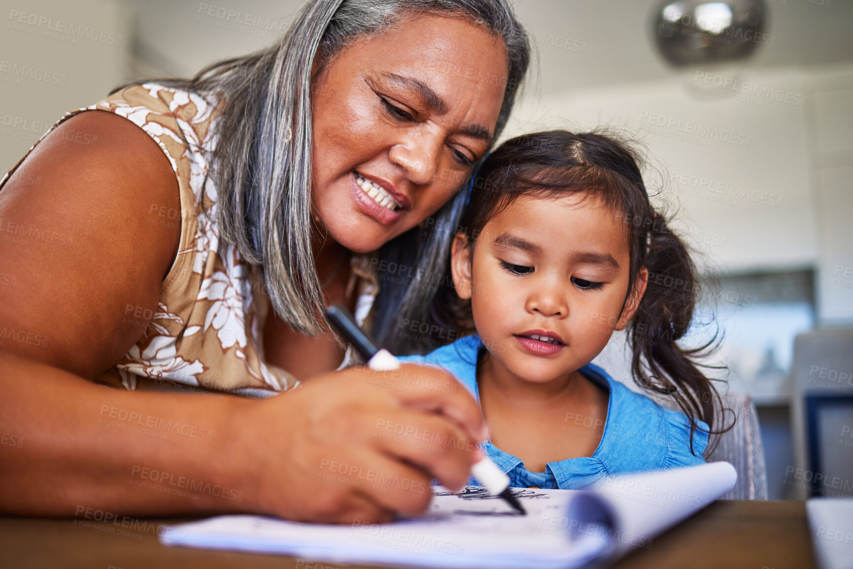 Buy stock photo Girl homework, learning and grandmother helping child with school education in a notebook in their home. Kid and senior woman, creative drawing or homework writing for knowledge and learning alphabet