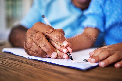 Buy stock photo Writing, teaching and learning, hands and pen, grandfather with child practice handwriting in notebook closeup. Education, teacher and student, alphabet and home school with kid, skill development.