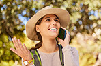 Phone call, travel and hiking woman with question for location, nature guide and forest care or walking information. Adventure, journey and trekking girl talking on smartphone in park with backpack