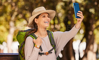 Buy stock photo Phone, selfie and travel with a woman using 5g mobile technology to post a photograph to social media. Internet, backpack and communication with a female tourist using GPS navigation for directions