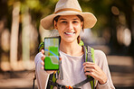 Hiking, phone and woman with gps, map and navigation app on screen while hiking in forest, happy and relax. Portrait, girl and internet location for hiker on adventure in nature, excited and smiling