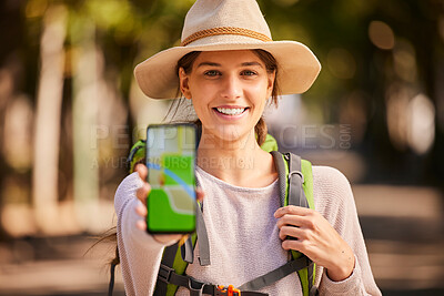 Buy stock photo Hiking, phone and woman with gps, map and navigation app on screen while hiking in forest, happy and relax. Portrait, girl and internet location for hiker on adventure in nature, excited and smiling