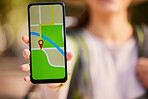 Woman hand, phone screen or gps transport app, travel or delivery for direction of road, streets and city. Hands with 5g mobile smartphone map application or software service for web location route  