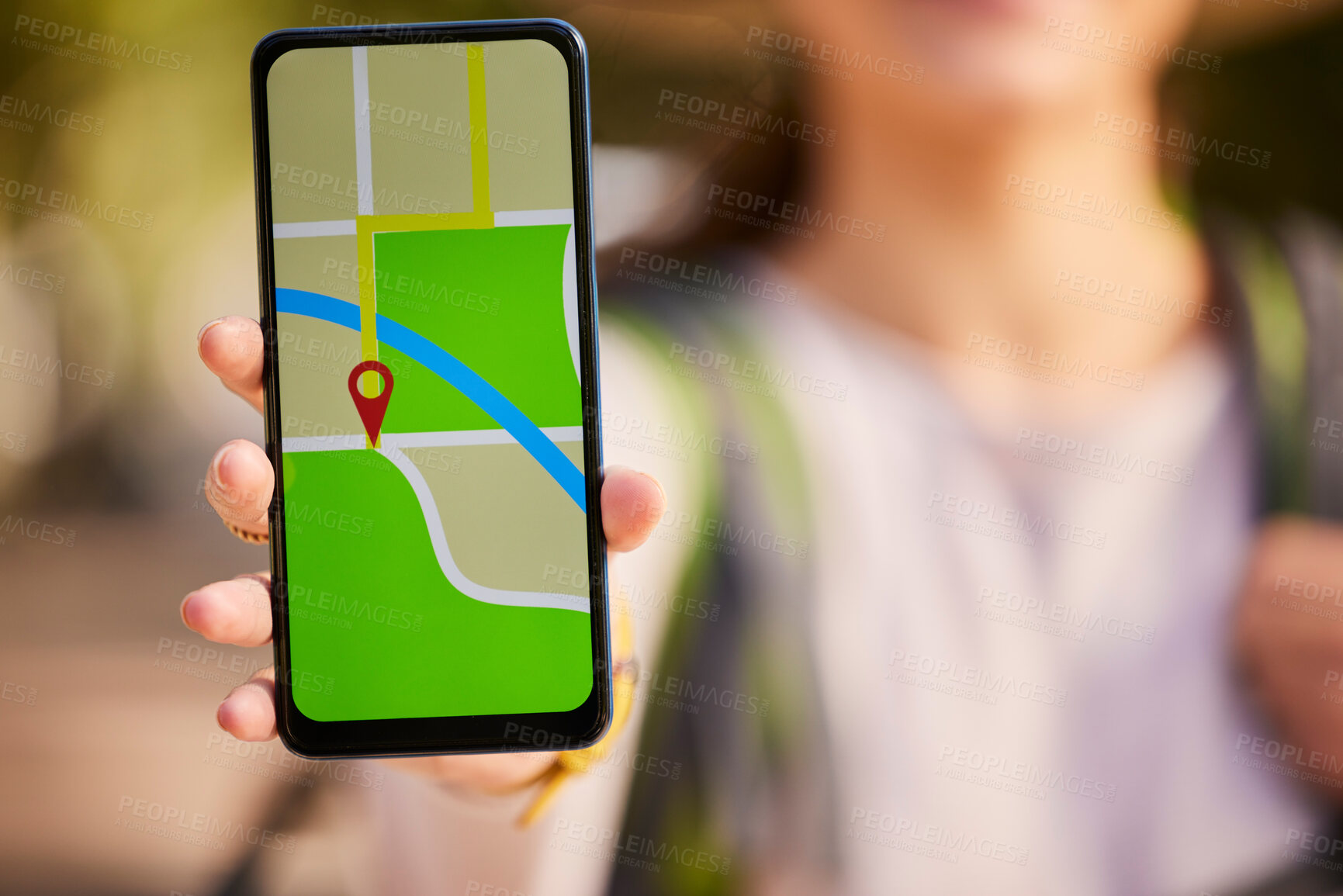 Buy stock photo Woman hand, phone screen or gps transport app, travel or delivery for direction of road, streets and city. Hands with 5g mobile smartphone map application or software service for web location route  