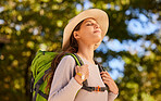 Woman, breath and backpacking in nature travel for calm, peaceful and relaxing adventure. Relaxed female traveler enjoying fresh air, trip and exploring the outdoors for health, fitness or hiking day