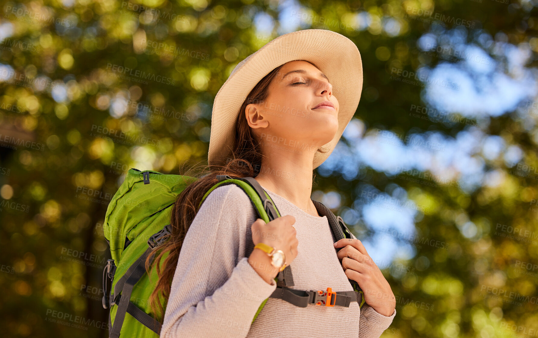 Buy stock photo Woman, breath and backpacking in nature travel for calm, peaceful and relaxing adventure. Relaxed female traveler enjoying fresh air, trip and exploring the outdoors for health, fitness or hiking day