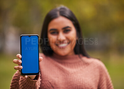 Buy stock photo Green screen, girl and hands with phone portrait for online alert, notification or communication. Marketing, internet and app advertising Indian woman in nature with mobile mock up in foreground.

