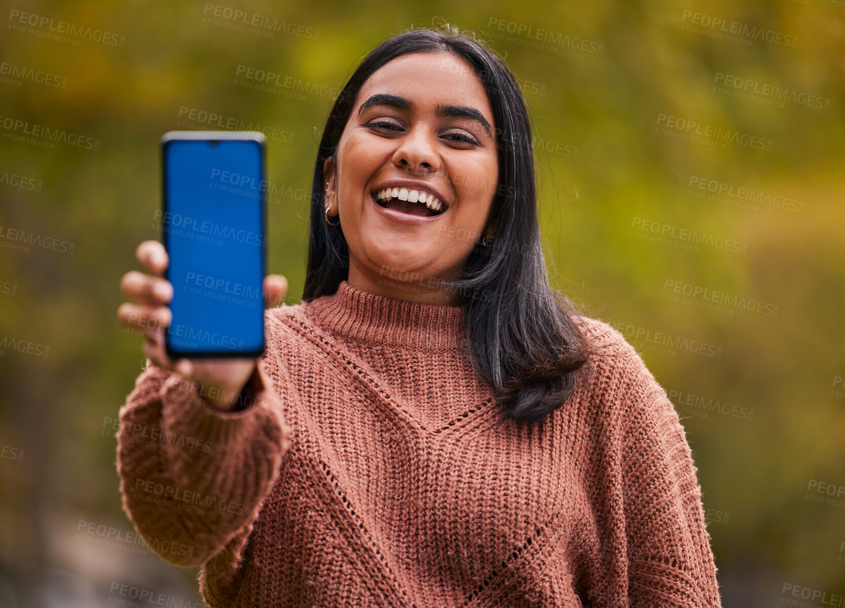 Buy stock photo Nature, green screen and woman with mockup smartphone space for social media online marketing. Blue screen, digital contact and happy garden girl with mobile cellphone for social network advertising