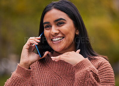 Buy stock photo Phone call, smile and woman in the city while talking on a mobile for communication, conversation and social media app. Happy and young girl speaking to contact on a 5g smartphone outdoor in a park