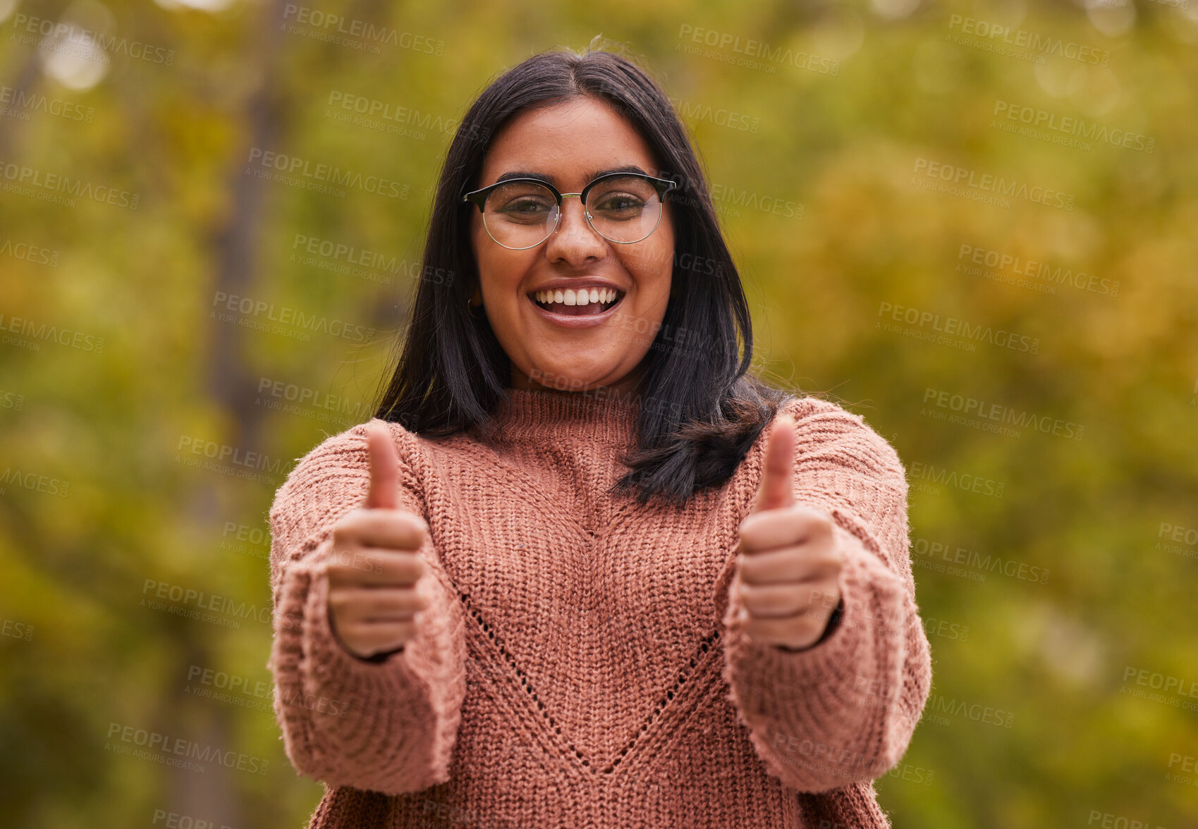 Buy stock photo Woman, thumbs up and happy success winner proud hand gesture in nature on travel vacation or summer holiday break. Yes, well done, thank you and motivation achievement support smile or relax outdoors