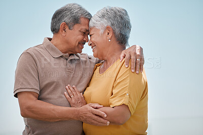 Buy stock photo Senior couple, hug and love in care for marriage, relationship and romance in quality bonding time together in the outdoors. Happy elderly married man and woman with smile embracing retirement trip